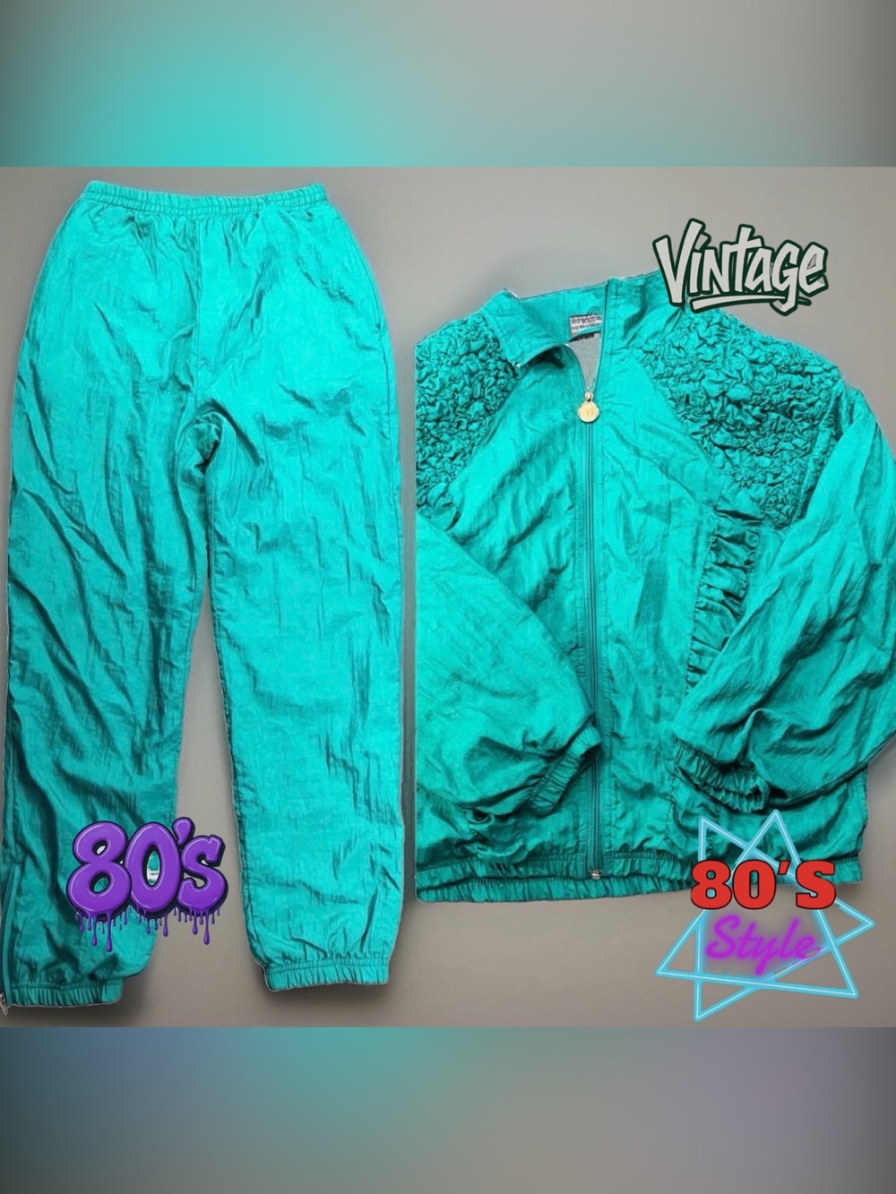 Vtg 80s Mureli Teal Tracksuit Size S Nylon Windbreaker Jacket & Pants Set